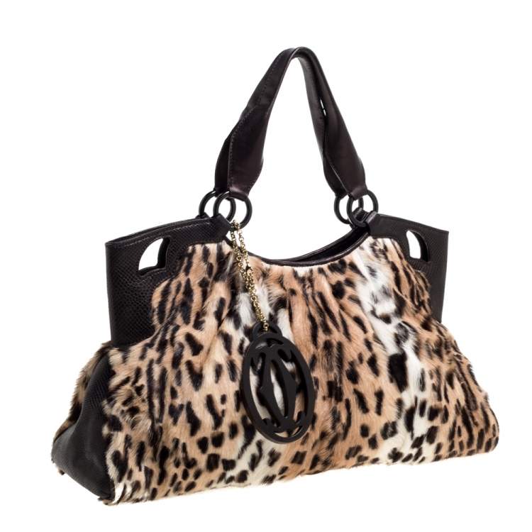 Pre Owned Cartier Beige/Dark Brown Leopard Print Calfhair/Lizard and Leather Marcello De Cartier Bag