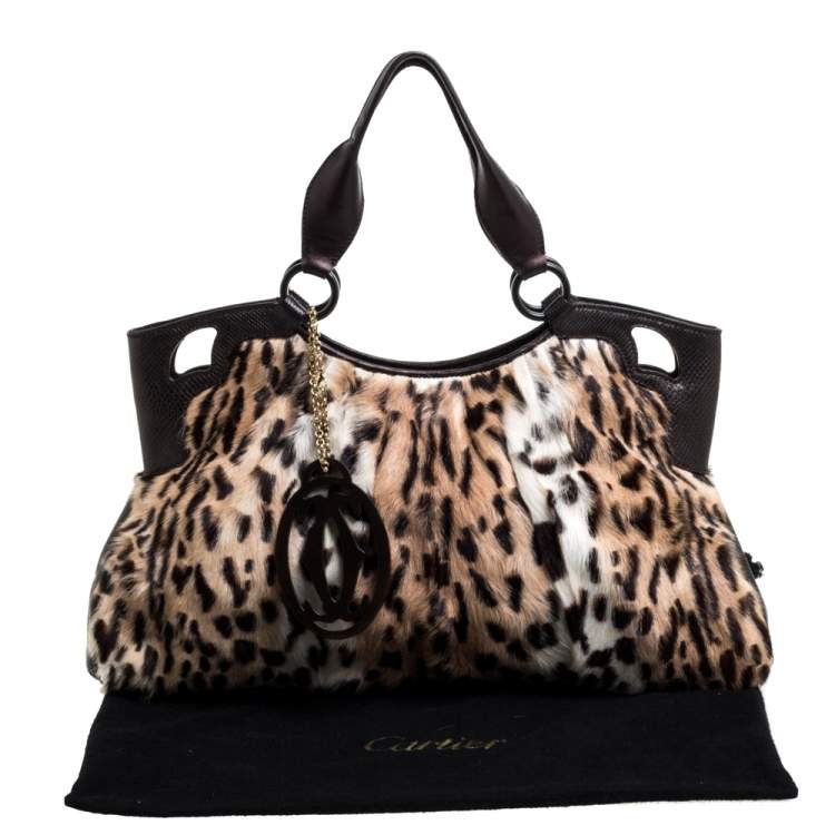 Pre Owned Cartier Beige/Dark Brown Leopard Print Calfhair/Lizard and Leather Marcello De Cartier Bag