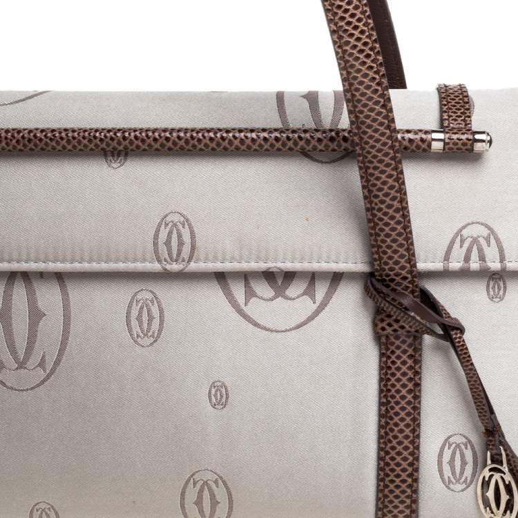Pre Owned Cartier Grey/Brown Satin and Leather Karung Trimmed Happy Birthday Cabochon Flap Bag