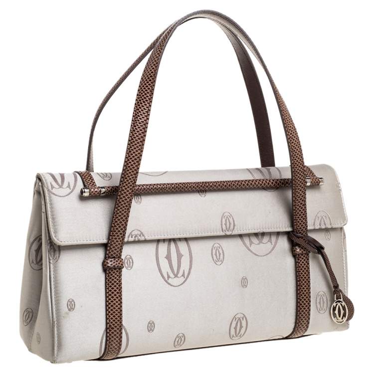 Pre Owned Cartier Grey/Brown Satin and Leather Karung Trimmed Happy Birthday Cabochon Flap Bag