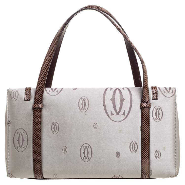 Pre Owned Cartier Grey/Brown Satin and Leather Karung Trimmed Happy Birthday Cabochon Flap Bag