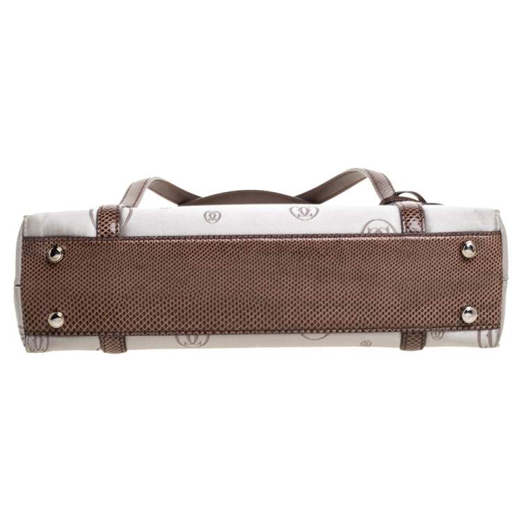 Pre Owned Cartier Grey/Brown Satin and Leather Karung Trimmed Happy Birthday Cabochon Flap Bag