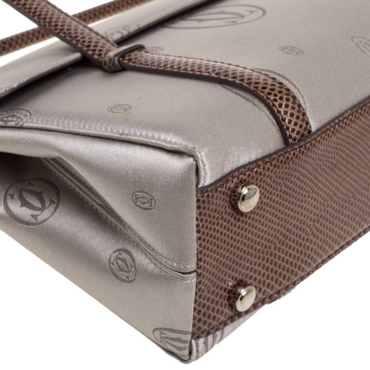 Pre Owned Cartier Grey/Brown Satin and Leather Karung Trimmed Happy Birthday Cabochon Flap Bag