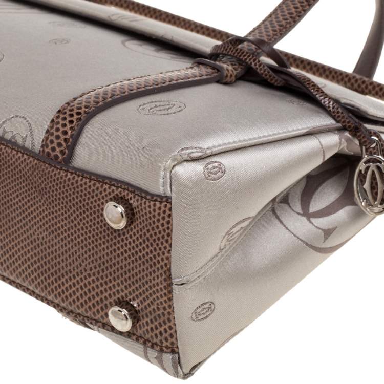 Pre Owned Cartier Grey/Brown Satin and Leather Karung Trimmed Happy Birthday Cabochon Flap Bag