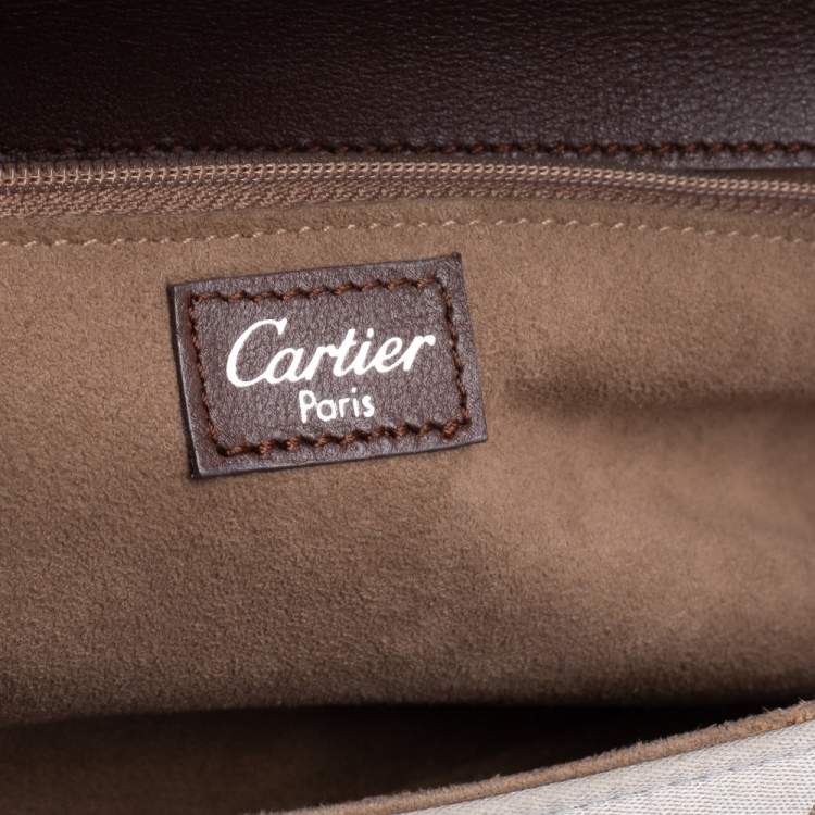Pre Owned Cartier Grey/Brown Satin and Leather Karung Trimmed Happy Birthday Cabochon Flap Bag