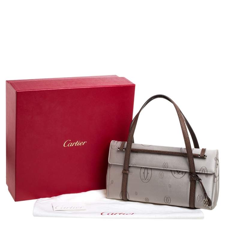 Pre Owned Cartier Grey/Brown Satin and Leather Karung Trimmed Happy Birthday Cabochon Flap Bag
