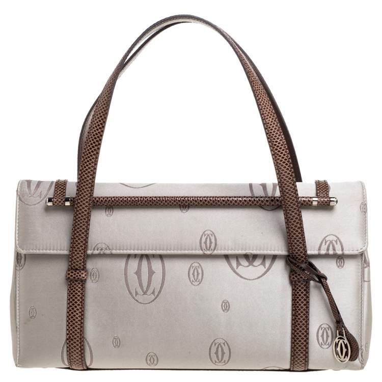 Pre Owned Cartier Grey/Brown Satin and Leather Karung Trimmed Happy Birthday Cabochon Flap Bag