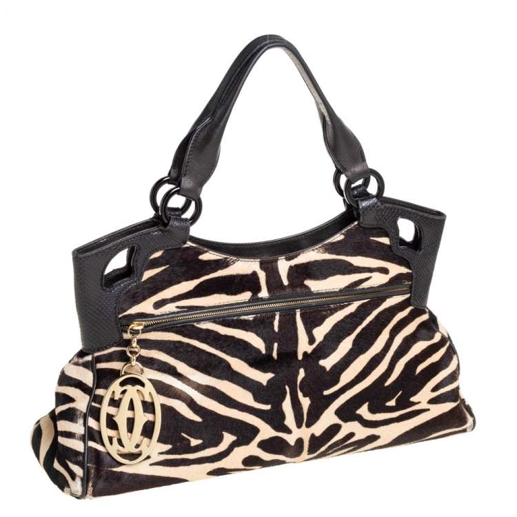 Pre Owned Cartier Beige/Black Zebra Print Pony Hair Leather Marcello de Cartier Satchel
