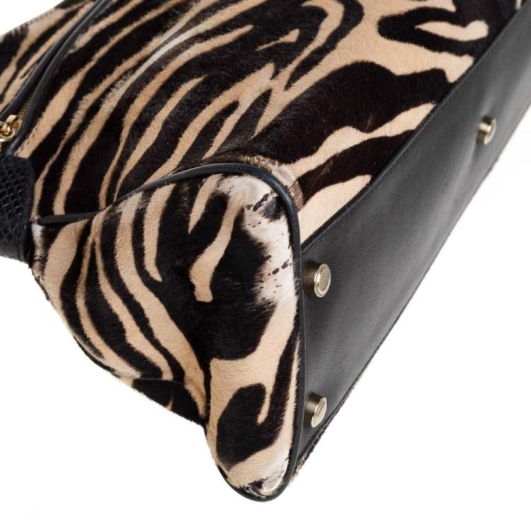 Pre Owned Cartier Beige/Black Zebra Print Pony Hair Leather Marcello de Cartier Satchel