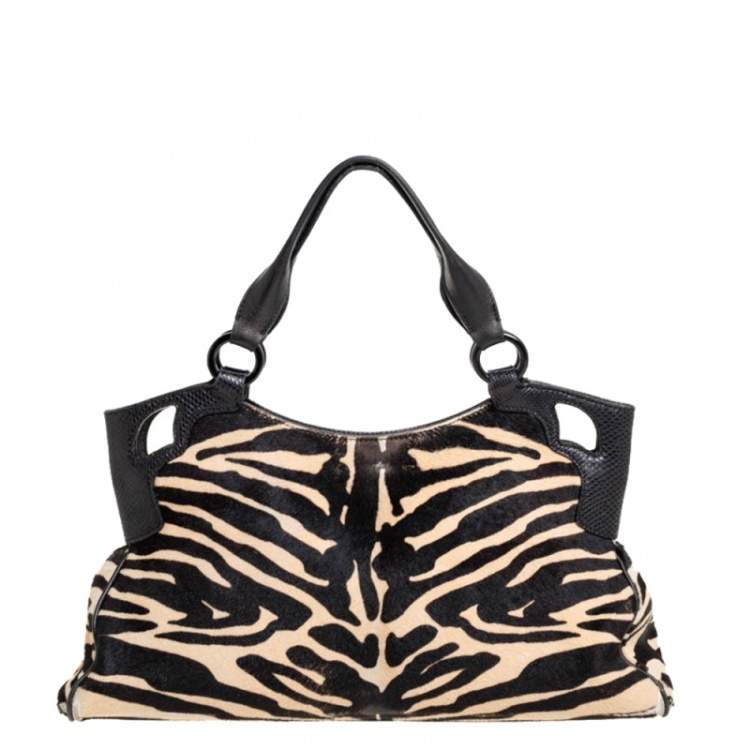 Pre Owned Cartier Beige/Black Zebra Print Pony Hair Leather Marcello de Cartier Satchel