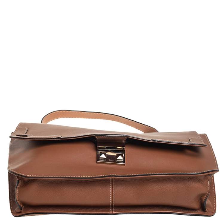 Pre Owned Cartier Brown Leather Marcello Flap Top Handle Bag