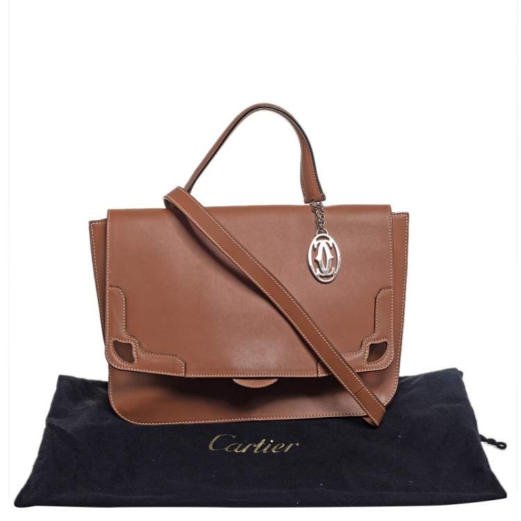 Pre Owned Cartier Brown Leather Marcello Flap Top Handle Bag
