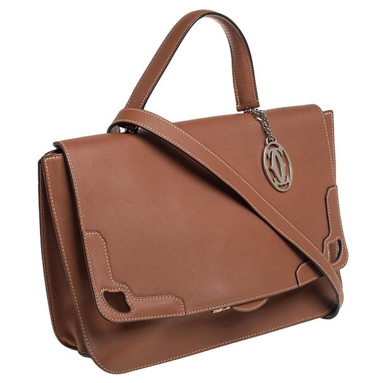 Pre Owned Cartier Brown Leather Marcello Flap Top Handle Bag