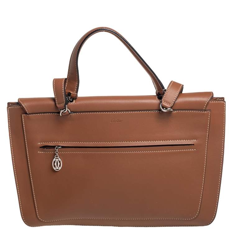 Pre Owned Cartier Brown Leather Marcello Flap Top Handle Bag