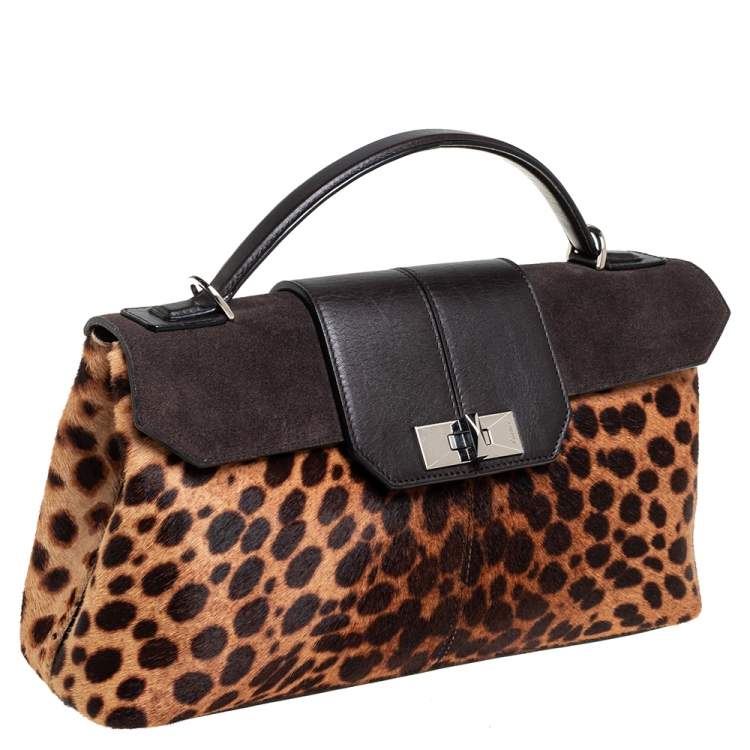 Pre Owned Cartier Brown Animal Print Calf Hair, Suede and Leather Feminine Line Top Handle Bag