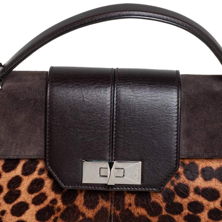 Pre Owned Cartier Brown Animal Print Calf Hair, Suede and Leather Feminine Line Top Handle Bag