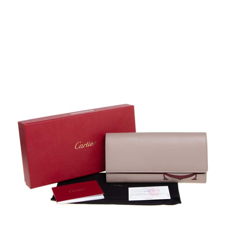 Pre Owned Cartier Taupe/Maroon Leather Flap Continental Wallet