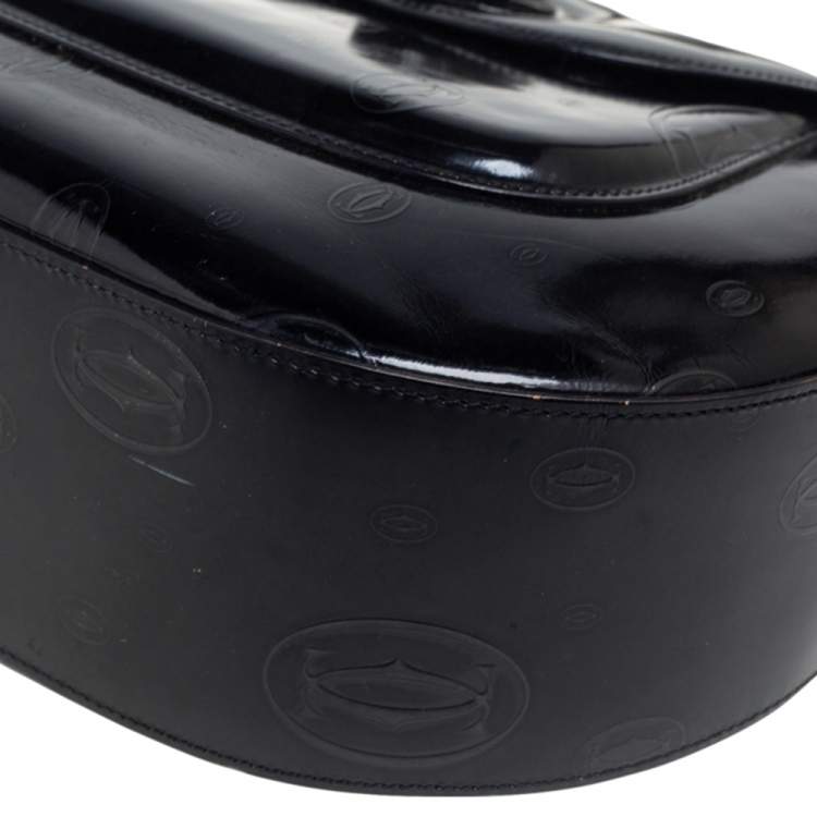 Pre Owned Cartier Black Glossy Logo Embossed Leather Flap Hobo