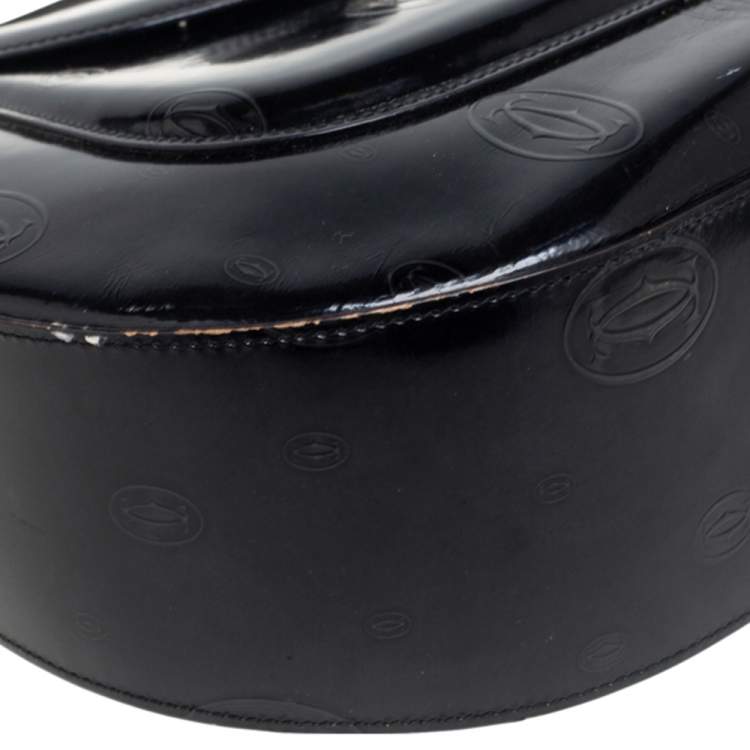 Pre Owned Cartier Black Glossy Logo Embossed Leather Flap Hobo