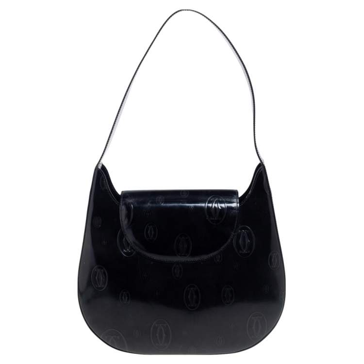 Pre Owned Cartier Black Glossy Logo Embossed Leather Flap Hobo