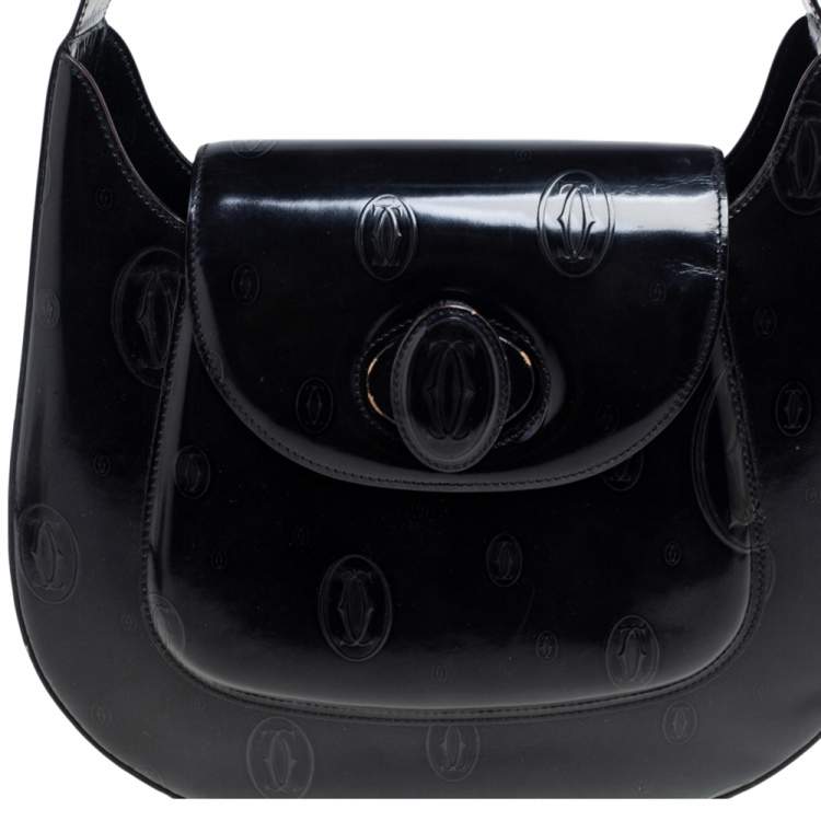 Pre Owned Cartier Black Glossy Logo Embossed Leather Flap Hobo