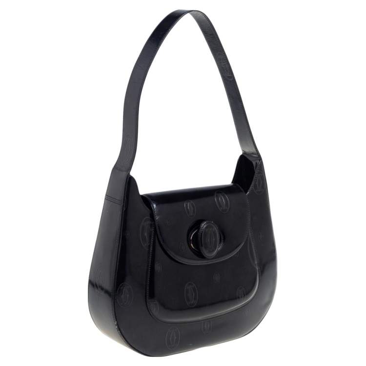 Pre Owned Cartier Black Glossy Logo Embossed Leather Flap Hobo