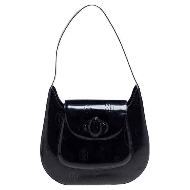 Pre Owned Cartier Black Glossy Logo Embossed Leather Flap Hobo