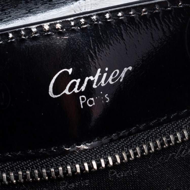 Pre Owned Cartier Black Glossy Logo Embossed Leather Flap Hobo