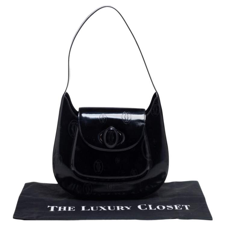 Pre Owned Cartier Black Glossy Logo Embossed Leather Flap Hobo