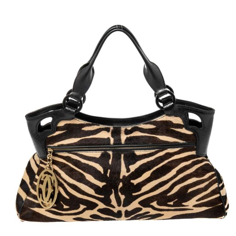 مملوكة مسبقًا Cartier Black/Brown Animal Print Calf Hair Leather Marcello de Cartier Satchel