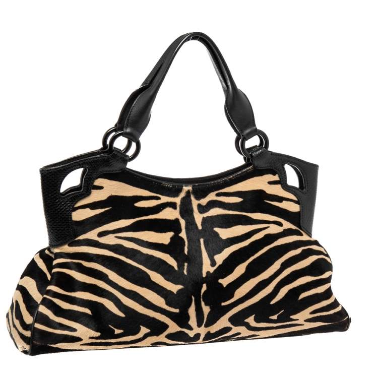 مملوكة مسبقًا Cartier Black/Brown Animal Print Calf Hair Leather Marcello de Cartier Satchel