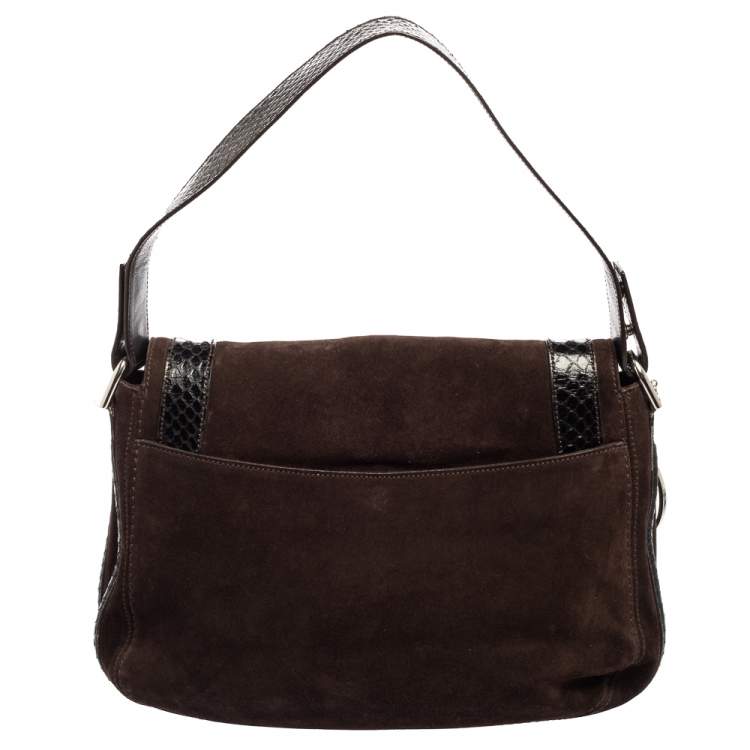 Pre Owned Cartier Dark Brown Suede and Python Marcello de Cartier Saddle Bag