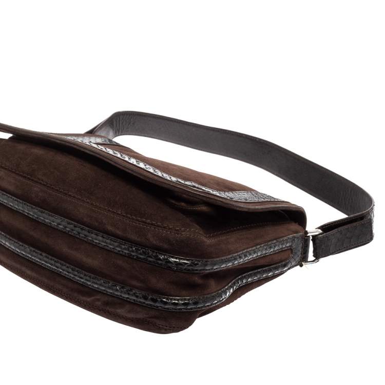 Pre Owned Cartier Dark Brown Suede and Python Marcello de Cartier Saddle Bag
