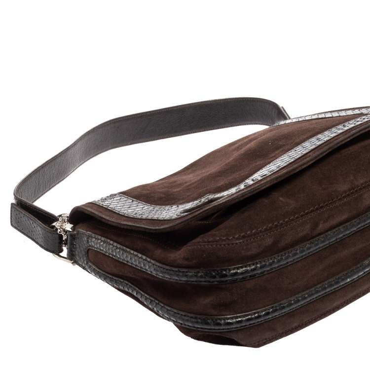 Pre Owned Cartier Dark Brown Suede and Python Marcello de Cartier Saddle Bag