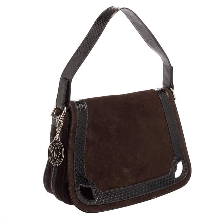 Pre Owned Cartier Dark Brown Suede and Python Marcello de Cartier Saddle Bag