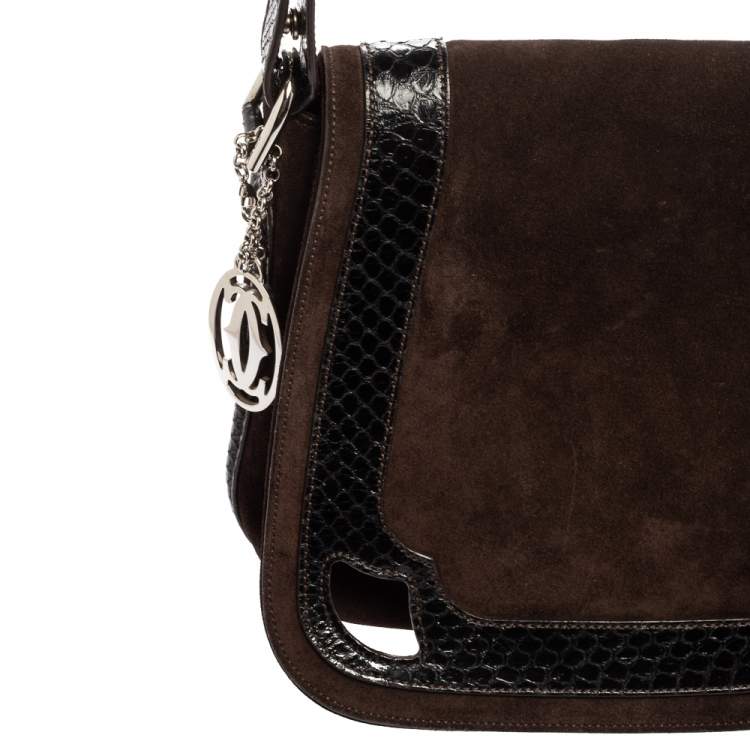 Pre Owned Cartier Dark Brown Suede and Python Marcello de Cartier Saddle Bag