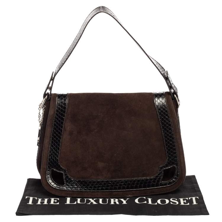 Pre Owned Cartier Dark Brown Suede and Python Marcello de Cartier Saddle Bag
