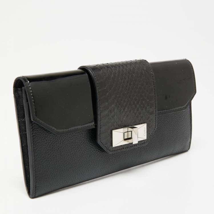 Pre Owned Cartier Black Leather and Python Trim Tunlock Flap Continental Wallet