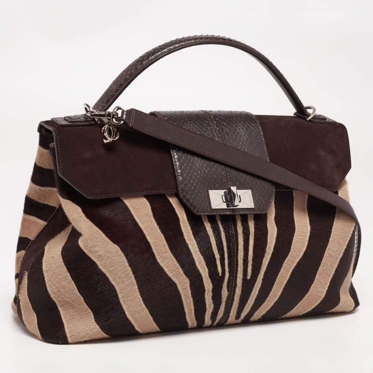 Pre Owned Cartier Dark Brown/Cream Calfhair, Suede and Snakeskin Feminine Line Top Handle Bags