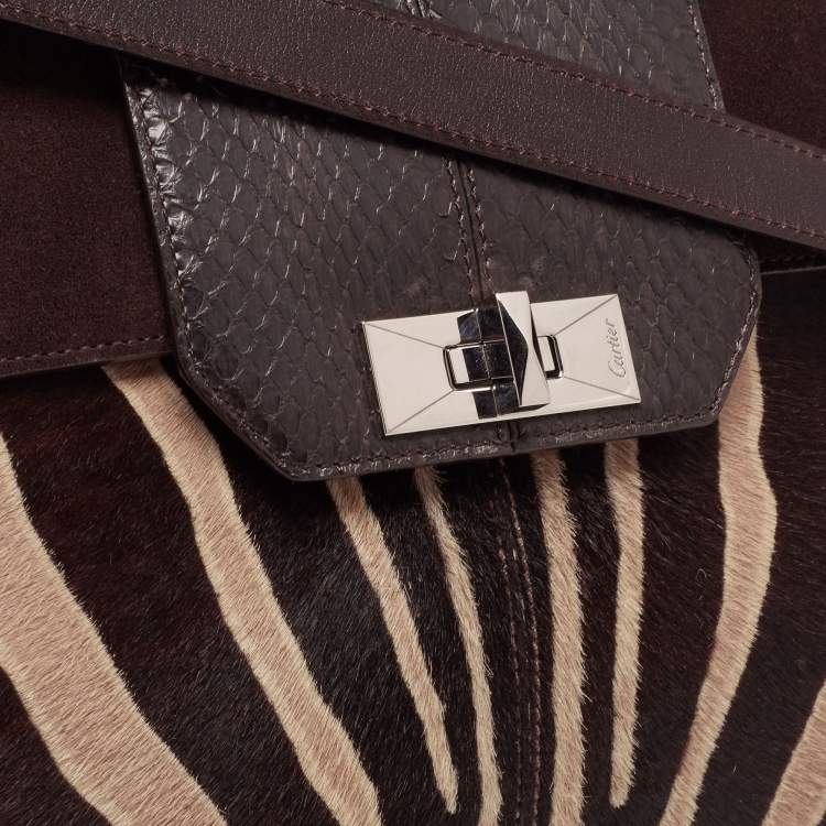 Pre Owned Cartier Dark Brown/Cream Calfhair, Suede and Snakeskin Feminine Line Top Handle Bags