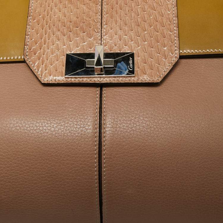 Pre Owned Cartier Dusky Pink/Olive Green Leather and Python Classic Feminine Line Top Handle Bag