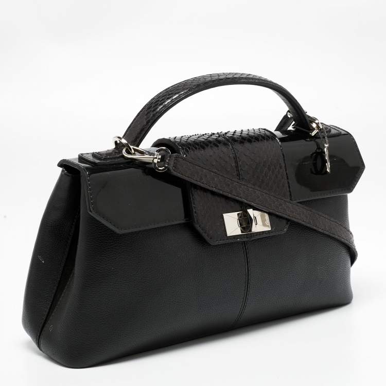 Pre Owned Cartier Black Python And Leather Classic Feminine Line Top Handle Bag