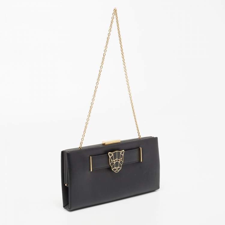 Pre Owned Cartier Black Leather Panthere De Cartier Chain Clutch