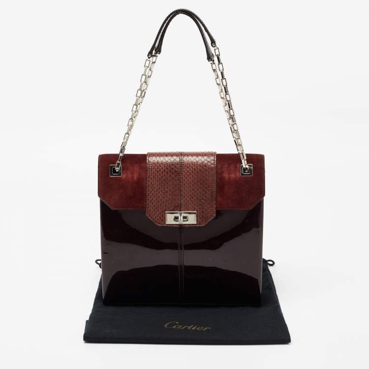 Pre Owned Cartier Dark Brown Patent Leather And Suede Classic Feminine Line Chain Bag