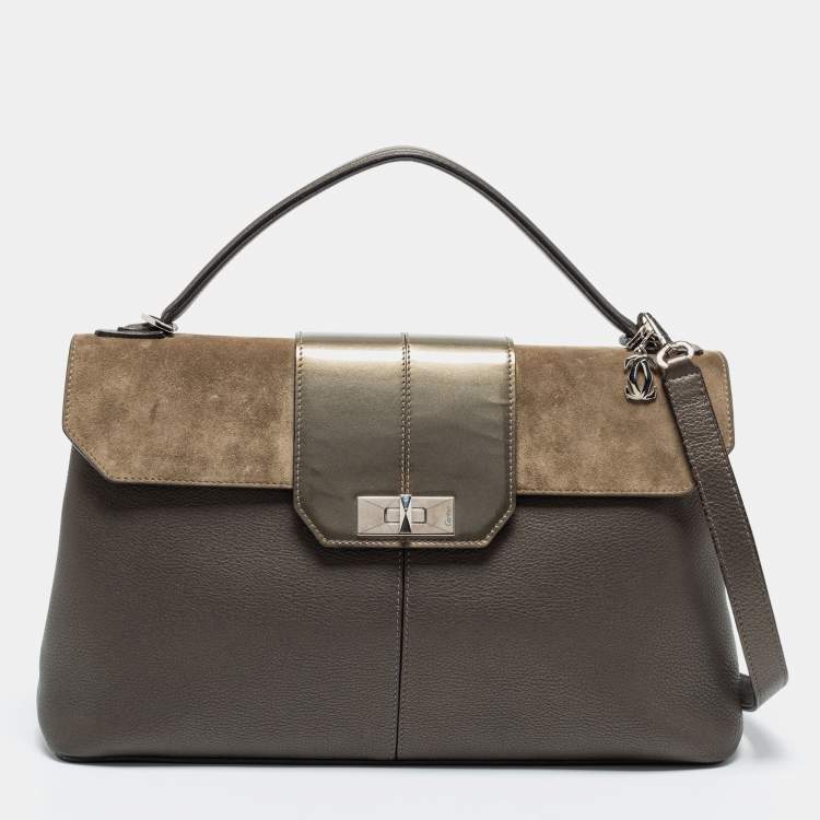 Pre Owned Cartier Grey Leather and Suede Feminine Line Top Handle Bag 