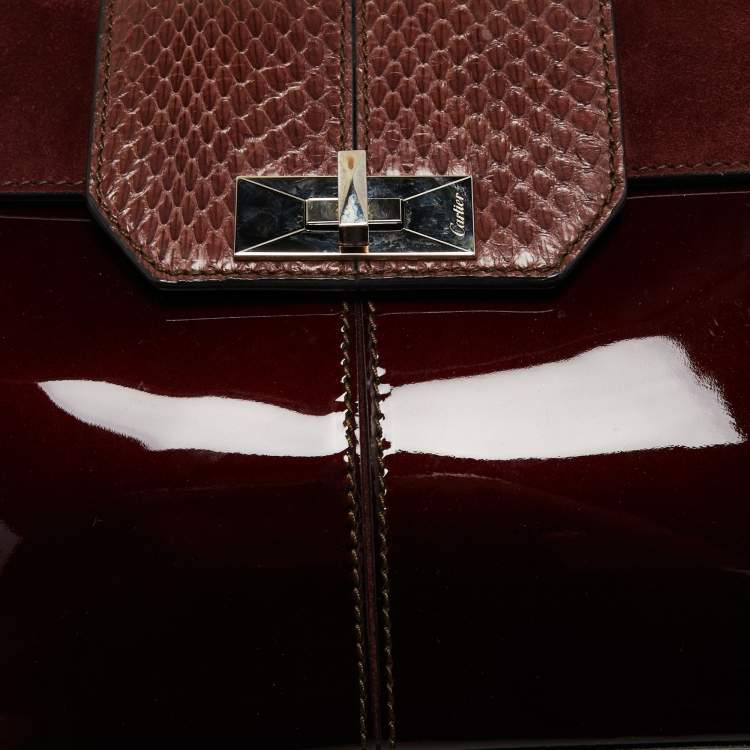 Pre Owned Cartier Burgundy Python, Suede and Patent Leather Feminine Line Top Handle Bag