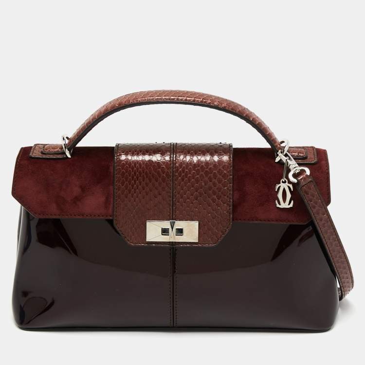 Pre Owned Cartier Burgundy Python, Suede and Patent Leather Feminine Line Top Handle Bag