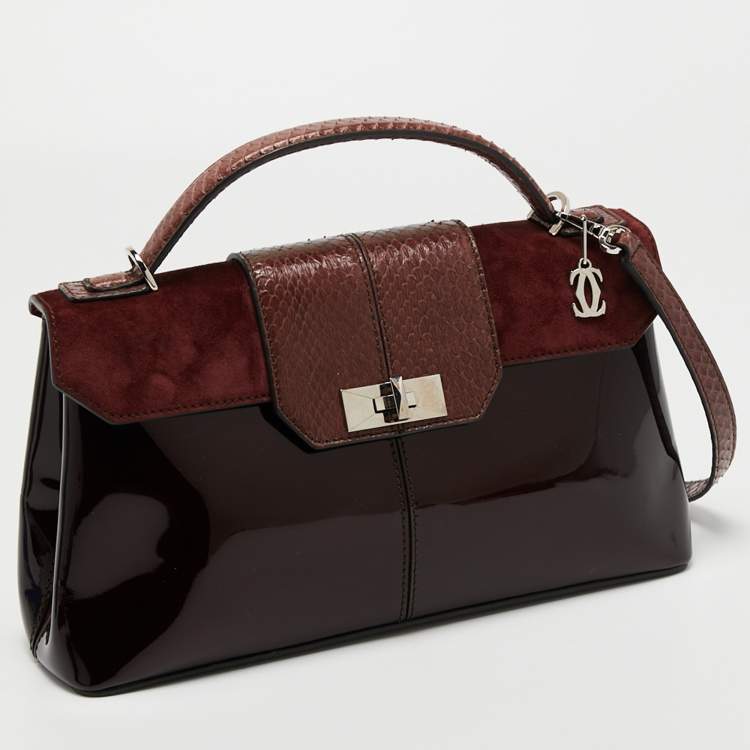 Pre Owned Cartier Burgundy Python, Suede and Patent Leather Feminine Line Top Handle Bag
