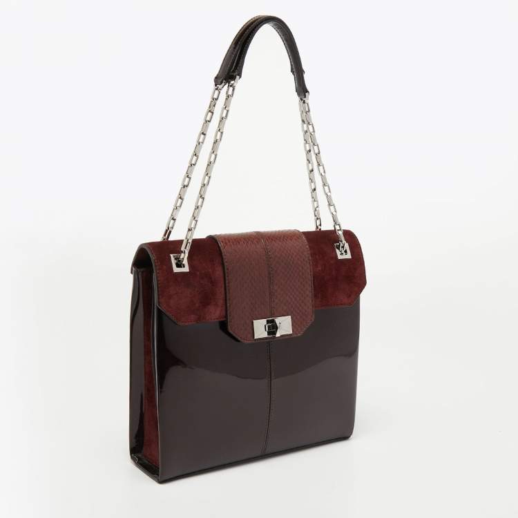 Pre Owned Cartier Burgundy Patent Leather/Suede and Snakeskin Classic Feminine Line Chain Bag