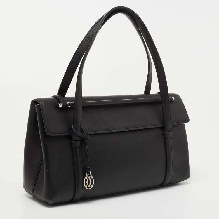 Pre Owned Cartier Black Leather Cabochon Flap Shoulder Bag